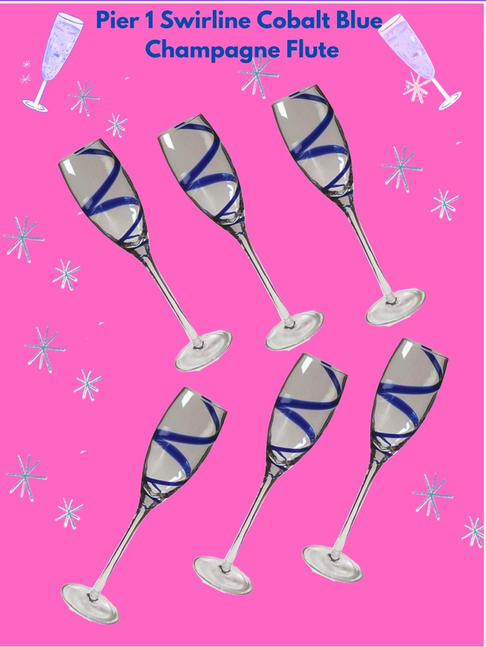 Set of 6 Pier 1 Swirline Cobalt Blue Champagne Flutes